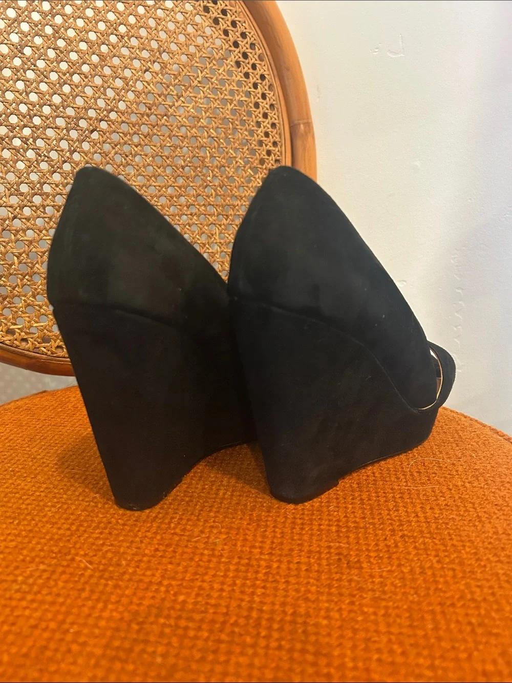 Naughty Monkey Black Suede Peep Toe Wedge Heels